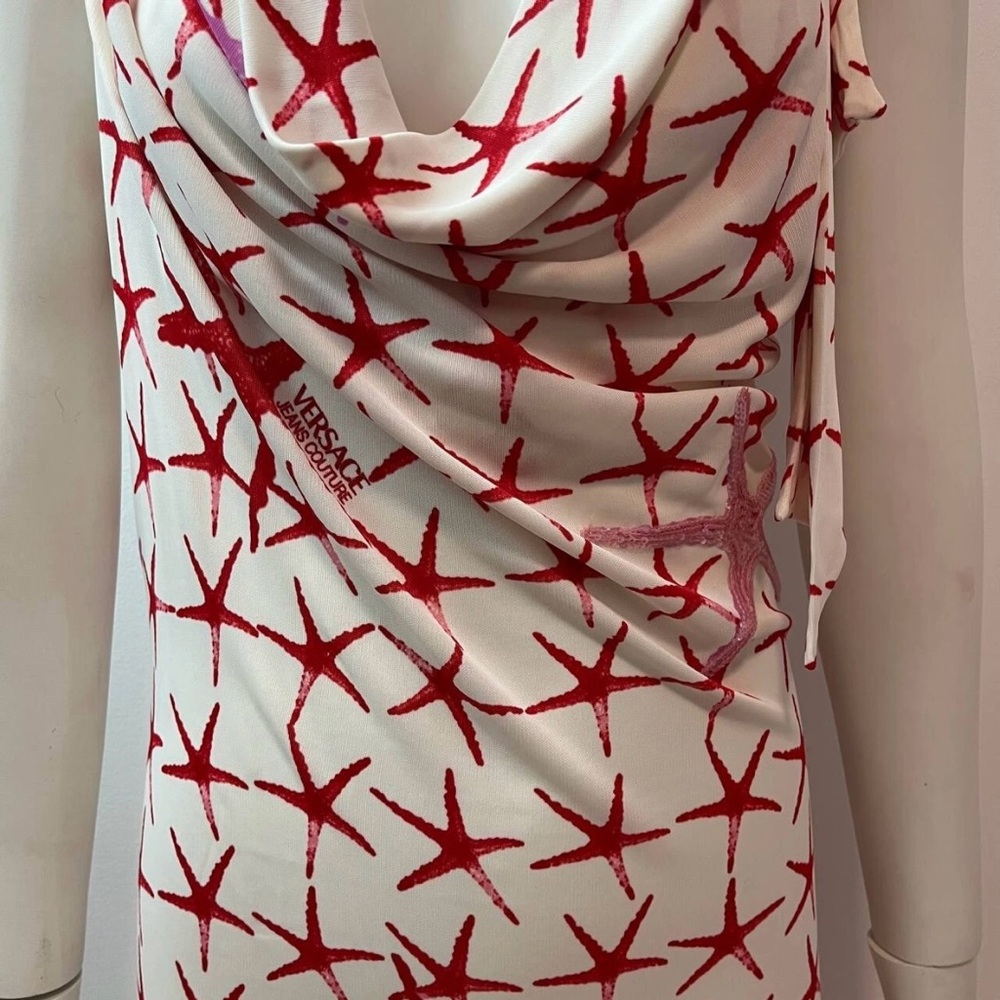 Versace Red and White Cowl Neck Sheath Midi Dress - Picture 8 of 16